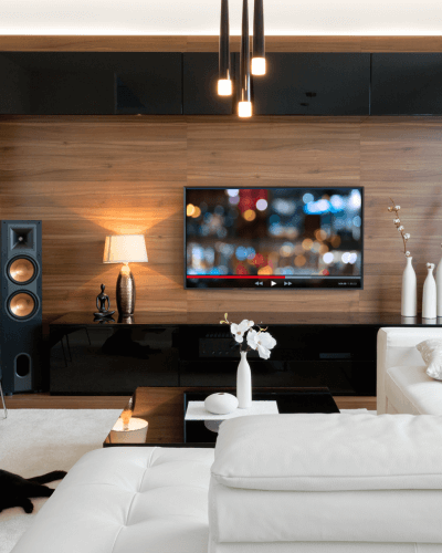 A home theatre with cabling installed by custom cabling