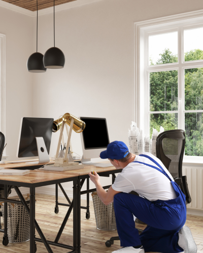 A custom cabling tech installing a home office network