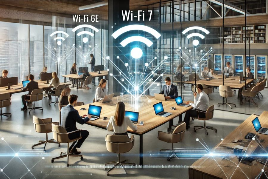 a busy office showing people working with a wifi network