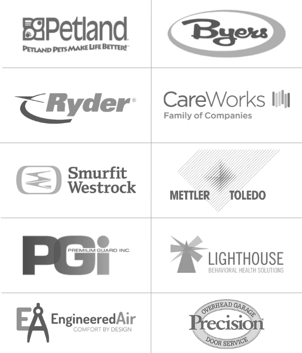 Petland, Ryder, Pricision Door Services, Byers, Lighthouse Behavioral Health, Mettler Toledo, Engineered Air, PGI Premium Guard, Care Works Family of Companies and Smurfit Westrock